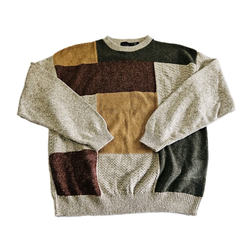 Bill Blass Studio Sweater Sz LG Pullover Colorblock Tan & Brown Vintage 90s